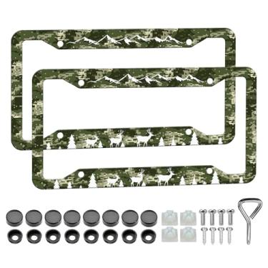 Imagem de Moldura de placa de licença Camo Hunting Deer - 2 peças de suporte de placa de licença de floresta de cerveja de montanha, peças de liga de alumínio à prova de ferrugem para decoração de placa de