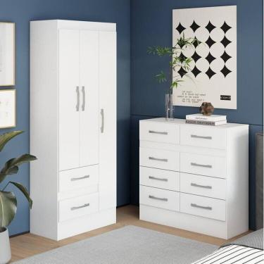 Imagem de Quarto Completo Guarda-Roupa 3 Portas 2 Gavetas e Cômoda 8 Gavetas Branco