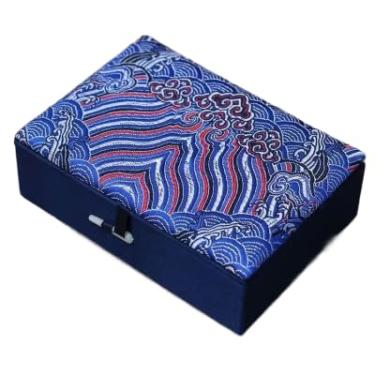 Imagem de Only My Live Home Caixas de armazenamento de colar retangular enchimento de algodão grande chinês brocado de seda caixas de presente artesanato caixas de embalagem de gravata (azul, tamanho externo 14
