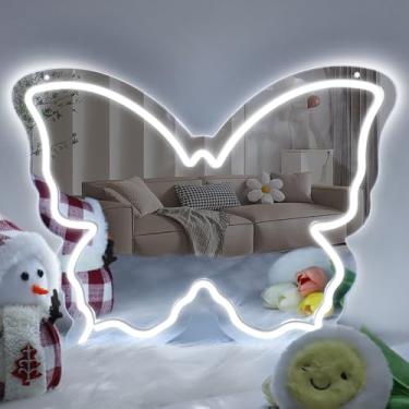 Imagem de Espelho de letreiro neon borboleta, placa neon LED para decoração de parede, luz neon regulável de 30 x 30 cm, presente de aniversário para meninas adolescentes e crianças, placas de neon para