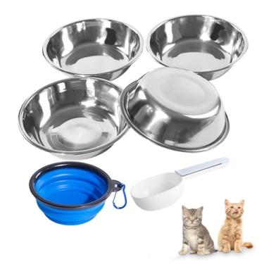 Imagem de Tigelas de aço inoxidável para cães e gatos, pacote com 4 pratos rasos para gatos para comida e água, alimentador mais limpo de metal para alívio de bigode para cães e gatos pequenos, 355 ml