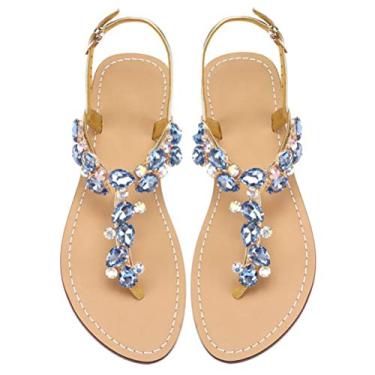 Imagem de AIJIVOU Sandálias rasteiras femininas de strass, chinelos femininos com clipe de bico anelado com strass de cristal e joias para verão, praia, praia, praia, férias ao ar livre, Azul, 40