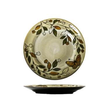 Imagem de Placa de cerâmica pintada à mão pintada à mão em forma de forno redondo simples redondo e delicado estilo europeu - placa borboleta de folha colorida de 22 cm