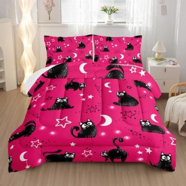 Imagem de Nttopship Conjunto de edredom com estampa de gato fofo, gato preto, lua noturna, céu estrelado, para meninas, meninos, adolescentes, animais, decoração de quarto de microfibra macia e 2 fronhas