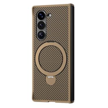 Imagem de HAO RIYLN Capa magnética para Samsung Galaxy Z Fold6, capa de textura de fibra de carbono com suporte para carregamento sem fio, capa anti-impressão digital, dourada, Z FOLD6