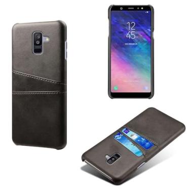 Imagem de Capas Compatível com Samsung Galaxy A6 PLUS,Caso de couro PU-Tampa de telefone a prova de choque com 2 slots de cartão,Proteção anti-impressão digital e anti-gota-Black