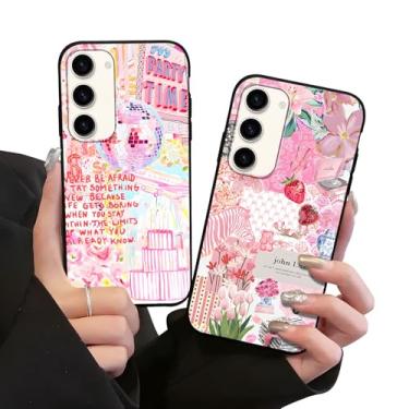 Imagem de Zrutru Pacote com 2 capas de telefone colagem preppy para Samsung Galaxy S23 5G 6,1 polegadas, lindas capas florais estéticas legais Y2K morango impressão capa para mulheres meninas, preta fina