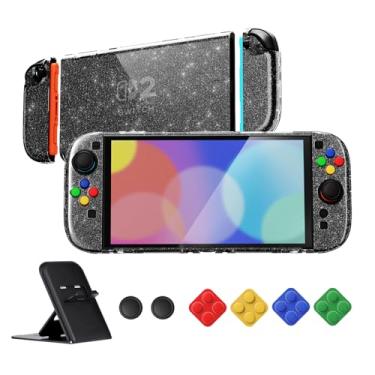 Imagem de PlayVital Capa protetora para Nintendo Switch 2 com suporte | Capa rígida ultrafina acoplável, capa Joycon dividida, tampas de botão e punhos para polegar | Série transparente, glitter prateado