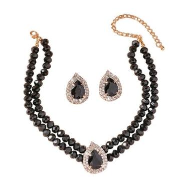 Imagem de Dtja Conjunto de colar e brinco de gargantilha de cristal em forma de gota com 2 peças, joia de declaração para mulheres, brincos de zircônia cúbica para fantasia de baile de casamento, 38 cm, 5 cores