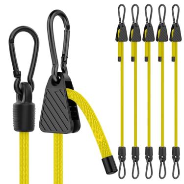 Imagem de Cordões elásticos com ganchos, cordas elásticas amarelas ajustáveis de 152 cm com mosquetão resistente ao ar livre, 8 mm de espessura, corda elástica fácil de ajustar, resistente a UV para lona