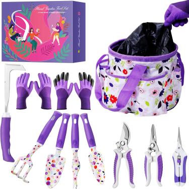 Imagem de Conjunto de ferramentas de jardim roxo floral, presentes de jardinagem para mulheres, kit de ferramentas de jardinagem resistente, bolsa organizadora, presentes de aniversário para ela