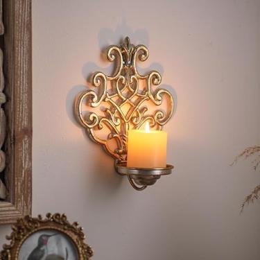 Imagem de Arandela de parede dourada antiga - Suporte de vela de metal dobrável com design de coroa para velas de pilar, decoração de parede pendurada vintage para sala de estar, quarto, sala de jantar, cozinha