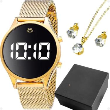 Imagem de Relógio Inox Aço Led Banhado Digital + Colar Brincos + Caixa Dourado Pulseira Ajustável Original