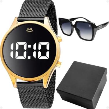 Imagem de Relógio Aço Banhado Feminino Digital + Caixa + Óculos Sol Presente Dourado Strass Proteção UV Moda