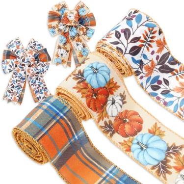 Imagem de JarThenaAMCS Fita xadrez de outono com 3 rolos de outono folhas de abóbora fita xadrez azul laranja fitas de tecido de ação de graças para fazer laços de guirlanda, artesanato faça você mesmo, 18