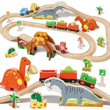 Imagem de Conjunto de trem de madeira Lehoo Castle Dinosaur com pista para crian