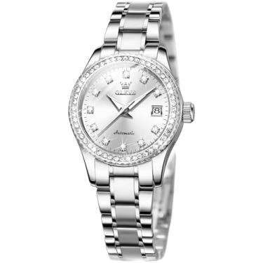 Imagem de OLEVS Relógios femininos automáticos com diamante de aço inoxidável com corda automática, relógios de pulso luminosos à prova d'água, L7003: pulseira prata e mostrador branco, Elegante