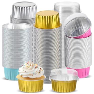 Imagem de 200 peças mini formas descartáveis de 142 g para bolo de pão com tampa para casamento, folha de alumínio, formatura, bolo, forro, creme, ramequins, sobremesa, creme, creme, torta, recipiente