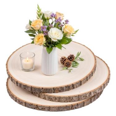 Imagem de Fatias de madeira para centros de mesa, pacote com 3, fatias grandes de madeira natural de 28 cm, lascas de madeira rústica inacabada para centros de mesa de casamento, decoração de mesa, artesanato