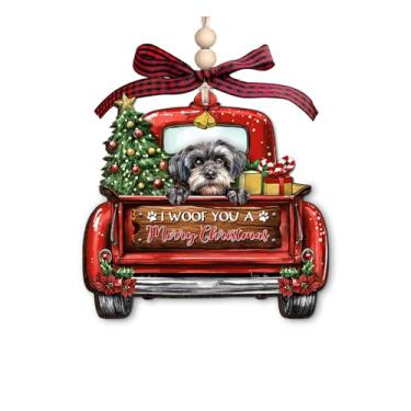 Imagem de Enfeite de Natal de madeira Havanês - Decoração de Natal de caminhão vermelho com presentes de árvore de Natal e citação "I Woof You A Merry Christmas" - Enfeite rústico de Natal para amantes de cães