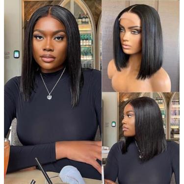 Imagem de Peruca de cabelo humano curto Bob 12,5 x 12,5 cm, peruca de cabelo humano brasileiro liso bob, densidade 150% pré-arrancada com cabelo de bebê, cor natural (35,5 cm, cor natural 13,5 x 12,7 cm bob)