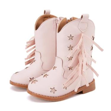 Imagem de BMCiTYBM Botas de cowgirl para meninas pequenas, cano médio, caubói ocidental, bico fino, borlas, glitter, 1 rosa, 11 Little Kid