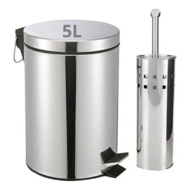 Imagem de Kit Lixeira 5 Litros Com Escova Sanitária Para Banheiro Inox - Bela Ka