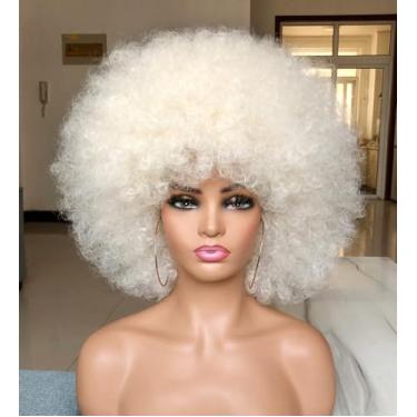 Imagem de HIHOO Peruca Afro Curta com Franja para Mulheres Negras Peruca Afro Kinky Curly Anos 70 Premium Sintética Grande Perucas Afro (Branca)