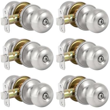 Imagem de Maçaneta de porta de privacidade com fechadura, maçaneta sem chave com esfera redonda, maçaneta interna, maçaneta interna para quarto e banheiro, níquel acetinado, pacote com 6