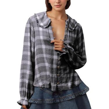 Imagem de Blusa feminina synound xadrez com botões e manga com babados