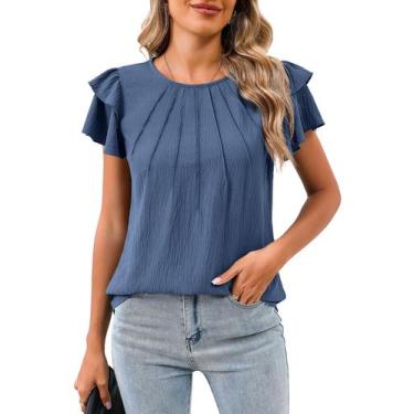 Imagem de Camisas de trabalho casuais femininas elegantes, gola redonda, pregas,
