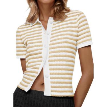 Imagem de Suéter polo listrado Saodimallsu feminino de manga curta cáqui