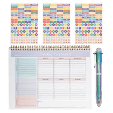 Imagem de WRENYZK Bloco de notas semanal para fazer com 52 folhas sem data, agenda semanal de mesa de 21 cm x 28 cm, caderno com adesivos e caneta esferográfica, planejadores diários em espiral para professores