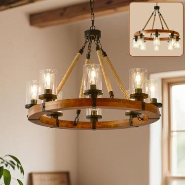 Imagem de FXZZ Lustre de roda de vagão de vidro de madeira de 78 cm, 8 - luminária com corda de cânhamo e 3 tiras ajustáveis, vidro resistente ao calor de 360°, cabe em tetos planos/inclinados, fácil instalação