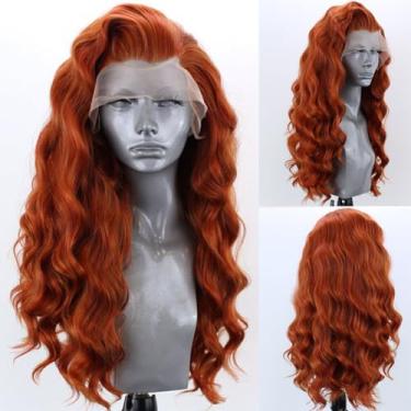 Imagem de RONGDUOYI Peruca frontal de renda laranja gengibre longa onda profunda perucas sintéticas para mulheres 13x4 sem cola, parte natural da linha do cabelo uso diário perucas cosplay