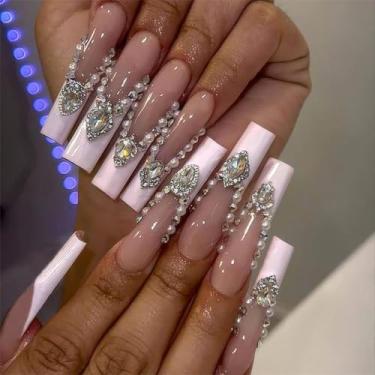 Imagem de RTKHFZE Unhas quadradas – design longo de strass rosa, ponta francesa, 24 peças para mulheres e meninas