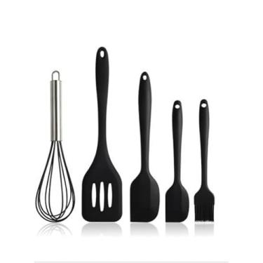 Imagem de Colher De Silicone Para Cozinha - Kit 5 PeçAs UtensíLios De Silicone Antiaderente | Inclui EspáTula, Garfo, EspáTula De Confeitaria E Pincel | NãO Risca Panelas | (Kit 5 peças Preto)