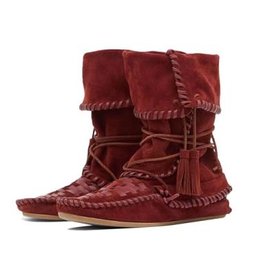 Imagem de Agodor Botas femininas dobráveis de camurça, boho, cano médio, com franja tecida, boho, boho, cano baixo, panturrilha, confortável, rasteira, retrô, com borlas, Borgonha, 38