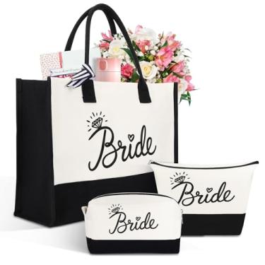Imagem de Drcowu Presente de chá de panela, sacola de lona preta e branca e bolsas de maquiagem e higiene pessoal conjunto para noiva, bolsas personalizadas para noivado de casamento, despedida de solteira, lua