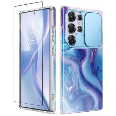 Imagem de GVIEWIN Capa para Samsung Galaxy S25 Ultra com capa deslizante para câmera, [protetor de tela] [proteção contra quedas de grau militar à prova de choque] Capa de celular rígida de mármore slim fit