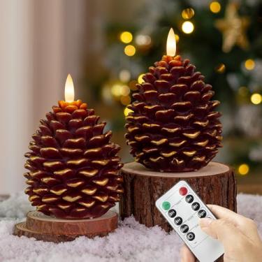 Imagem de AFINETH Velas de Natal com controle remoto, vela em forma de pinho marrom de cera real operada a pilhas, velas de Natal sem chama para celebração de Natal de ano novo, pacote com 2