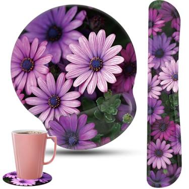 Imagem de Conjunto de descanso de pulso para teclado e mouse pad com porta-copos, mousepad ergonômico para jogos em casa, escritório, estudo, digitação fácil e alívio da dor, margarida africana