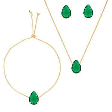 Imagem de Conjunto Pulseira Brinco Colar Verde Esmeralda Folheado Ouro - Milena 