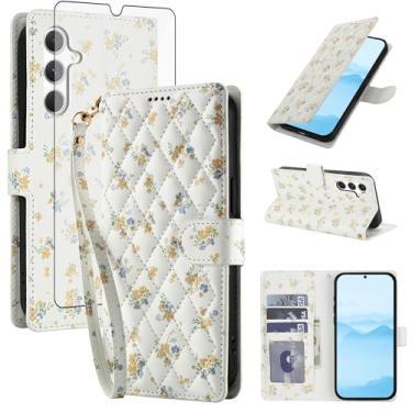 Imagem de Asuwish Capa de celular para Samsung Galaxy A35 5G carteira celular com protetor de tela de vidro temperado porta-cartão de flores com suporte fino protetor A 35 35A A355G mulheres homens flores