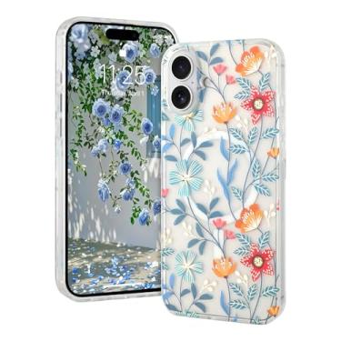 Imagem de AIGOMARA Capa magnética para iPhone 16 [compatível com MagSafe] Design com estampa floral transparente, fina, antiamarelamento, à prova de choque, para mulheres e meninas, flores silvestres