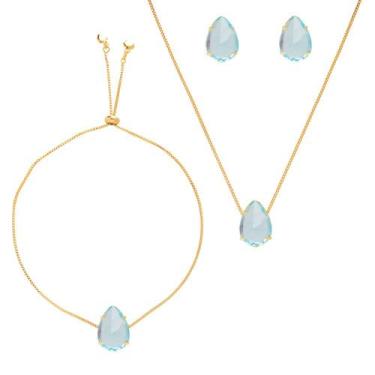 Imagem de Conjunto Pulseira Brinco E Colar Azul Clarinho Folheado Ouro - Milena 