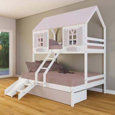 Imagem de Beliche Casal/ Solteiro Casinha Bela 02 Gavetas Rosa Kit Escada/Escorregador - Madeira Maciça Branco/Rosa | Housin
