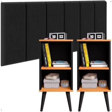 Imagem de Conjunto 2 Mesinhas Quarto Nicho Prateleira Pés Palito Cabeceira Suspensa Estofada Cama Casal - Lojas RPM