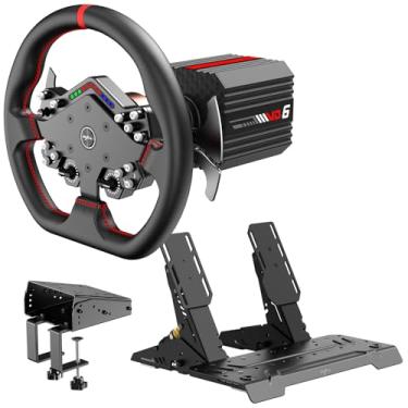Imagem de PXN VD6 Direct Drive Bundle - PC Steering Wheel and Pedals – 6 Nm Direct Drive Servo Motor Base, W DS R2 Racing Wheel, Hall Effect 2-Pedal, and Table Clamp – Professional Sim Racing Setup for Windows