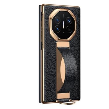 Imagem de LYJSMGZ Capa de couro para Huawei Mate XT, capa de suporte de pulseira escalável galvanizada, antiderrapante, à prova de choque, janela de visualização HD, capa de telefone comercial, preta, Mate XT